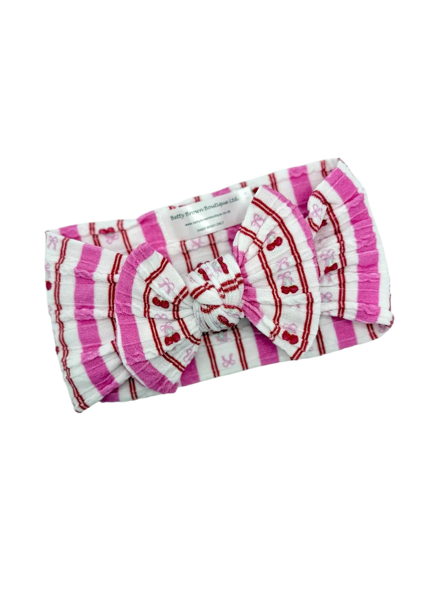 Pink Pinstripe Cherry Pattern Smaller Bow Cable Knit Headband