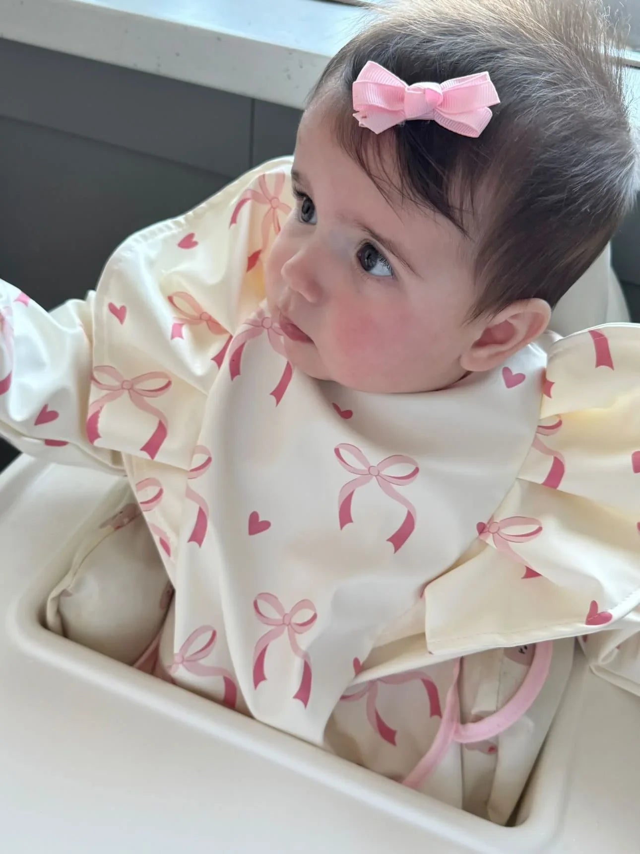 Light Pink Bow Pattern Frill Detailed Waterproof Bib with Sleeves