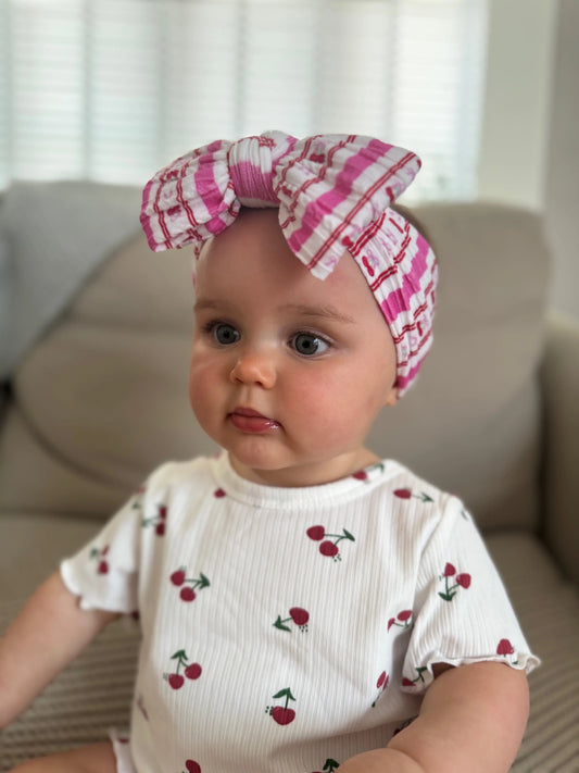 Pink Pinstripe Cherry Pattern Larger Bow Cable Knit Headband