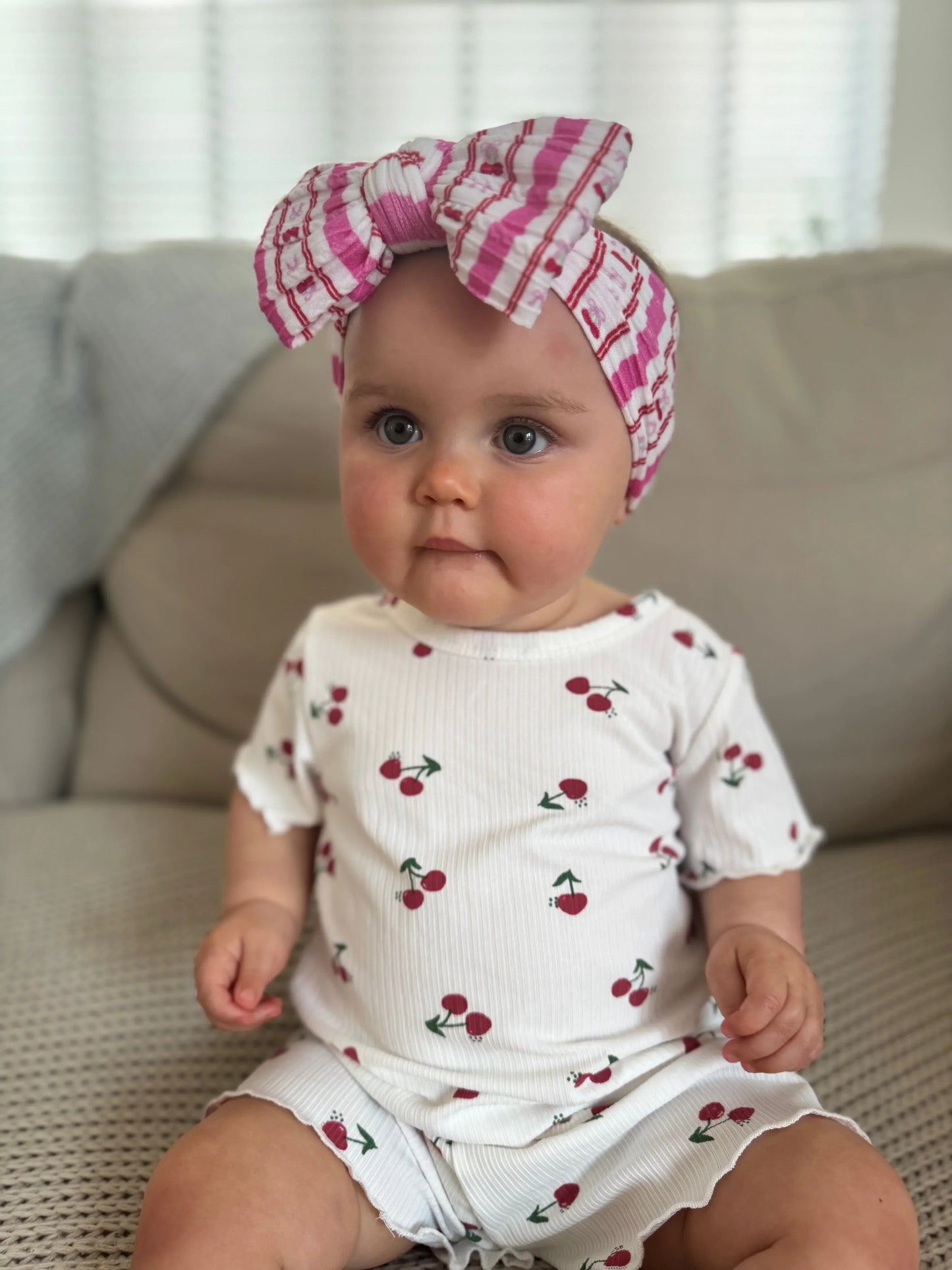 Pink Pinstripe Cherry Pattern Larger Bow Cable Knit Headband