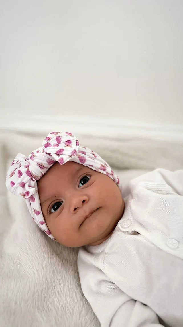 Pink Watercolour Strawberry Pattern Smaller Bow Cable Knit Headband