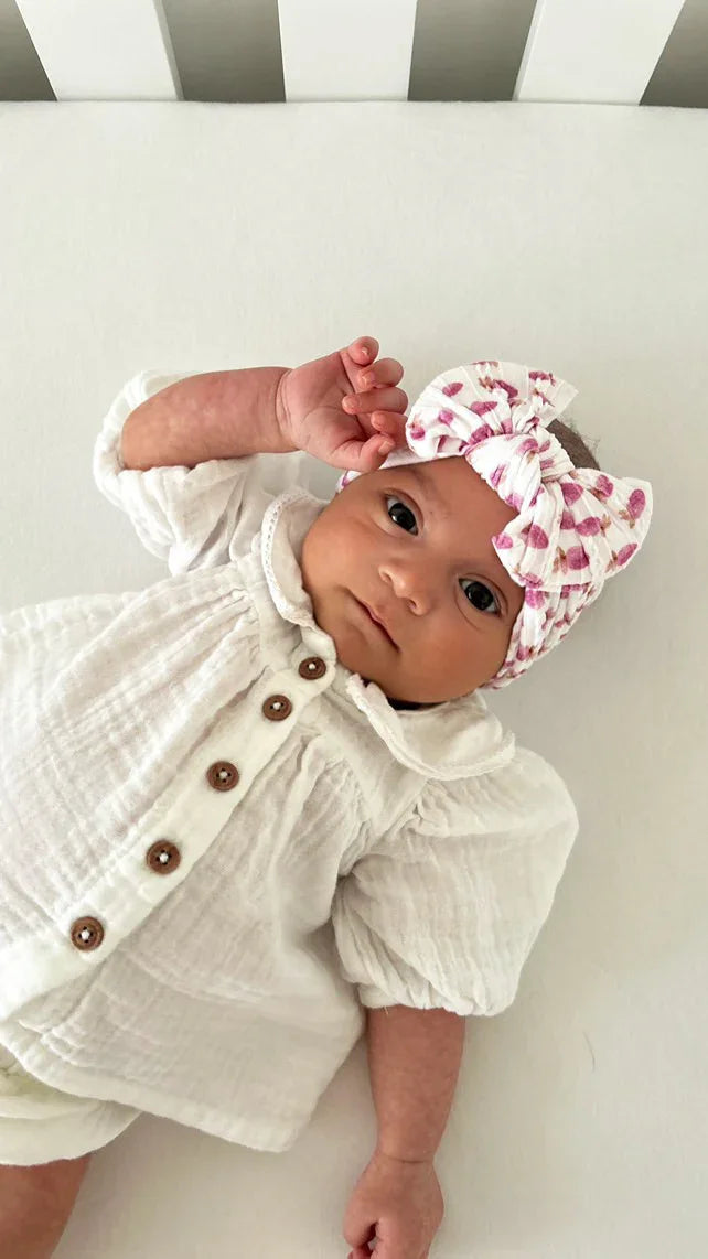 Pink Watercolour Strawberry Pattern Smaller Bow Cable Knit Headband