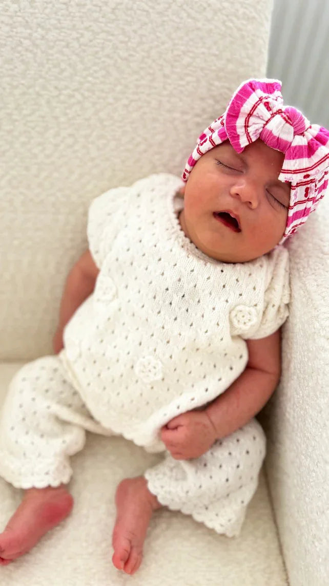 Pink Pinstripe Cherry Pattern Smaller Bow Cable Knit Headband