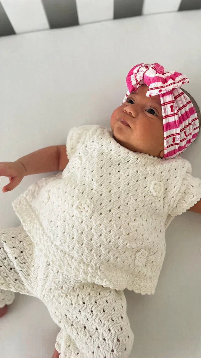 Pink Pinstripe Cherry Pattern Smaller Bow Cable Knit Headband