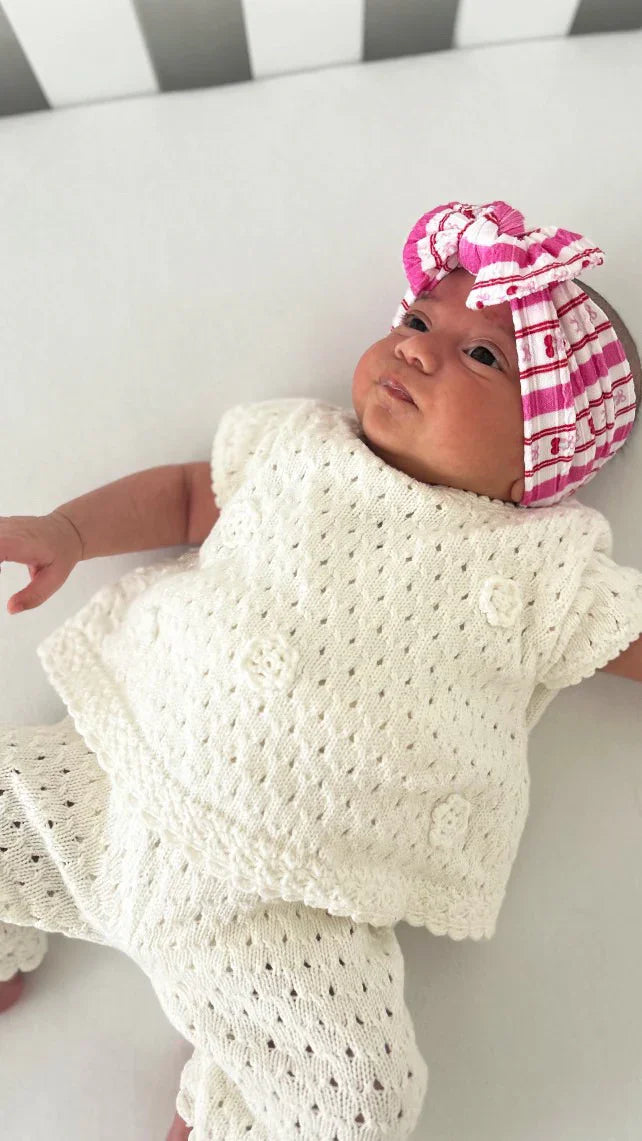 Pink Pinstripe Cherry Pattern Smaller Bow Cable Knit Headband