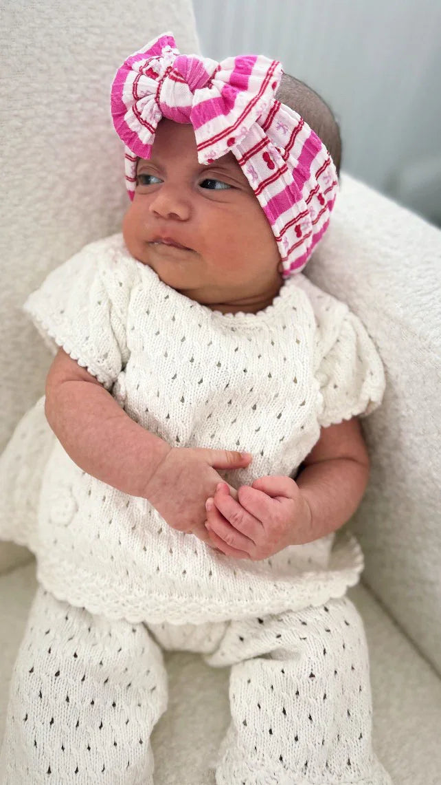 Pink Pinstripe Cherry Pattern Smaller Bow Cable Knit Headband