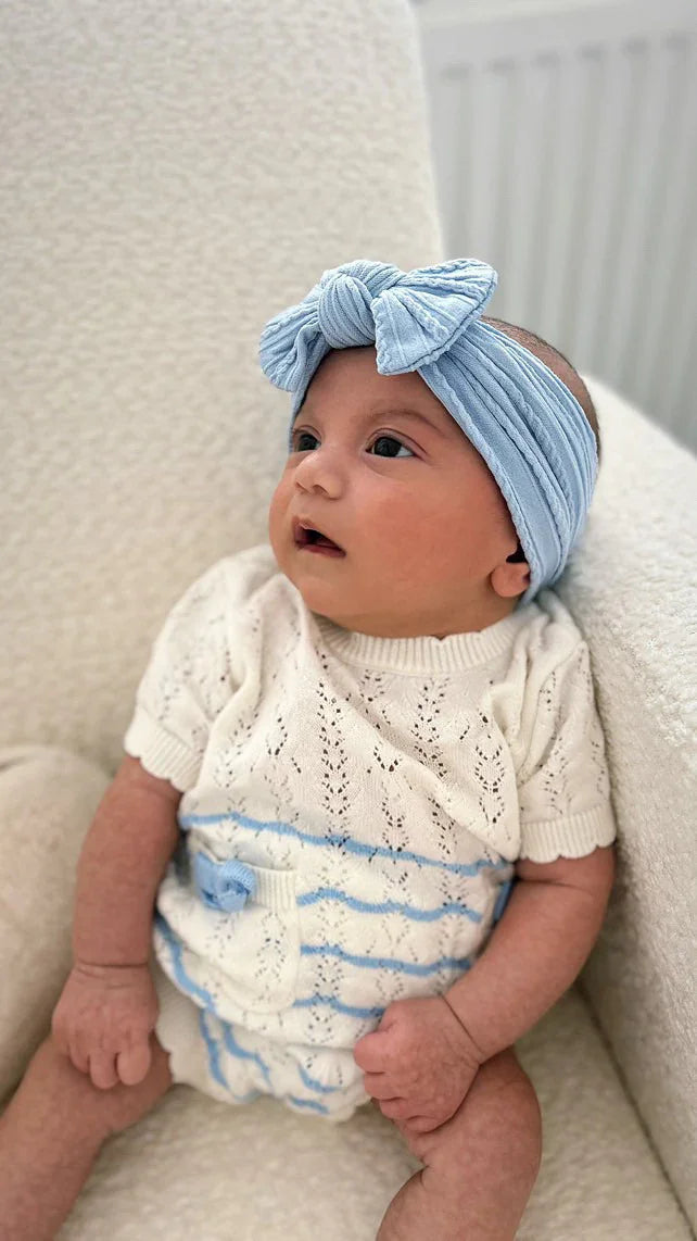 Sky Blue Smaller Bow Cable Knit Headband