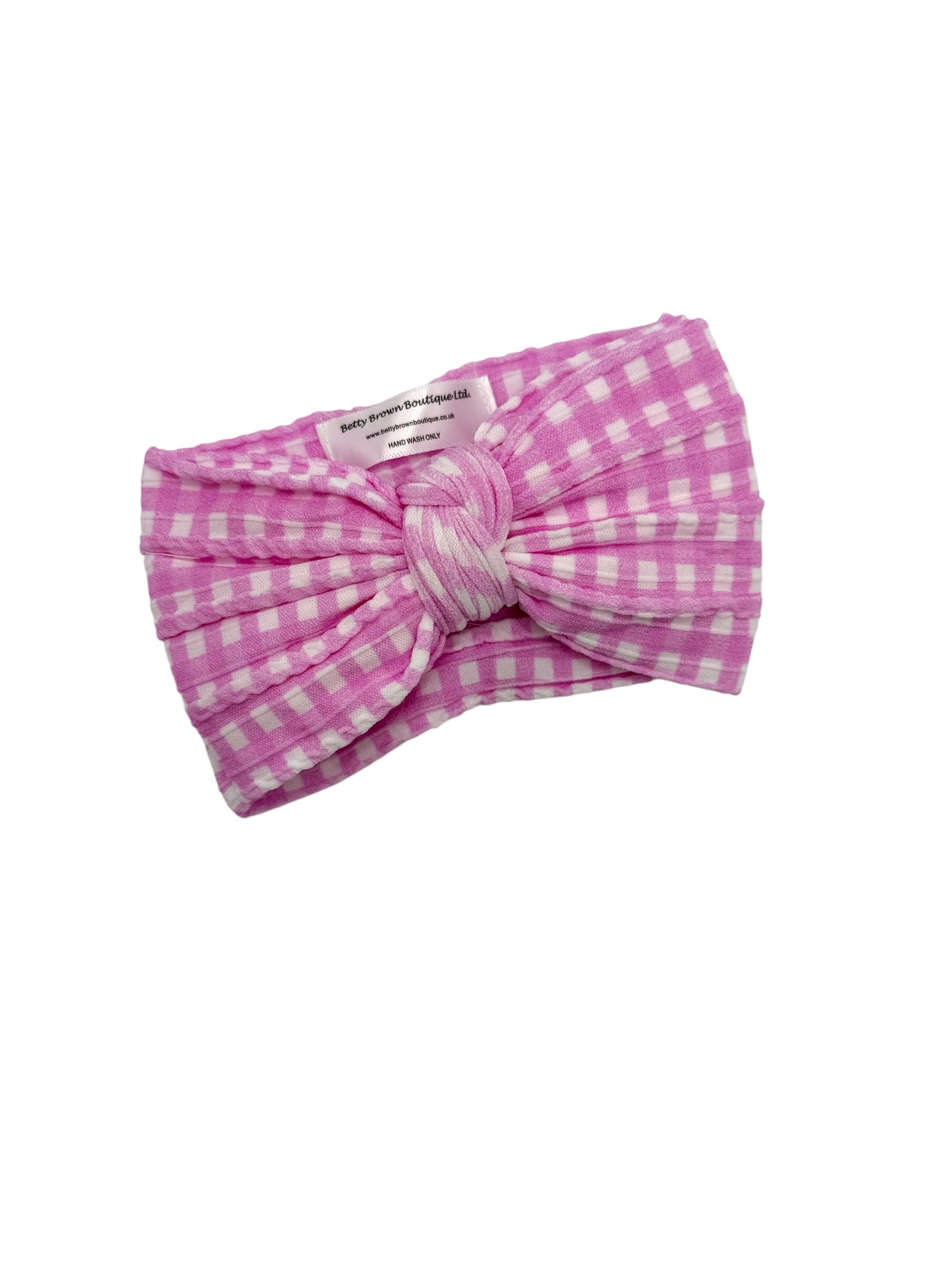 Pink Gingham Pattern Larger Bow Cable Knit Headband