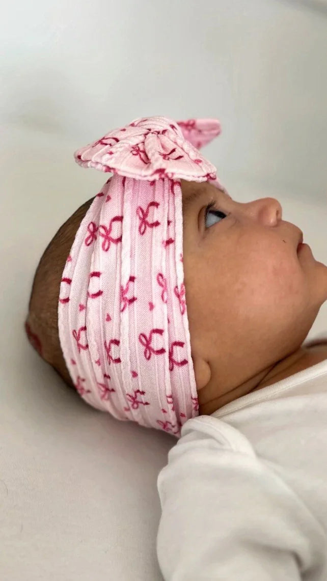 Pink Bow Pattern Smaller Bow Cable Knit Headband