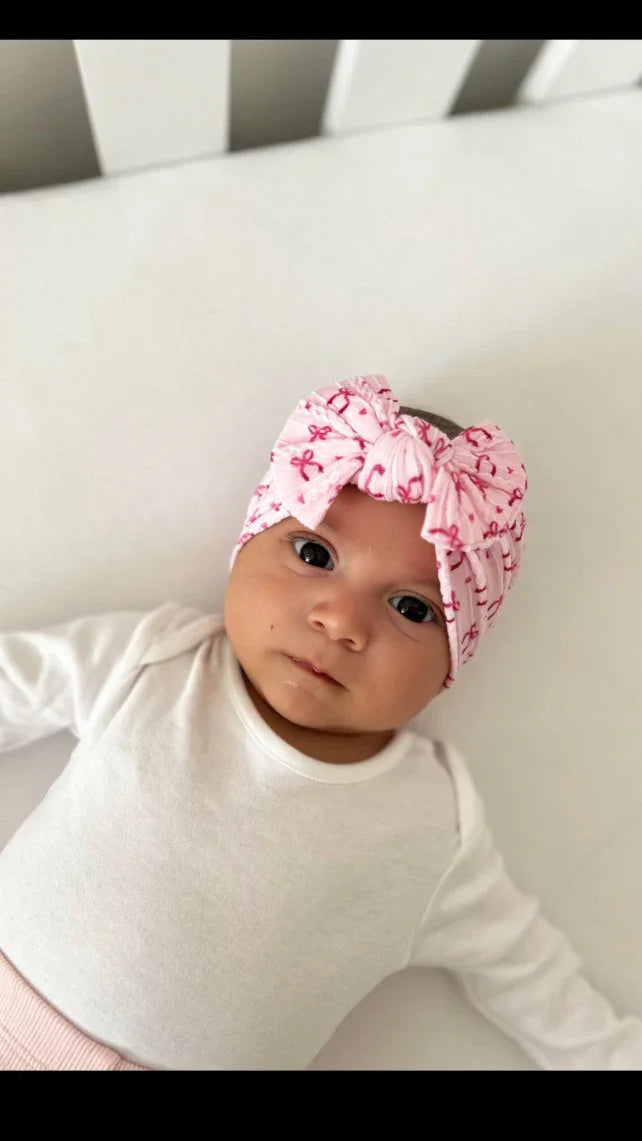 Pink Bow Pattern Smaller Bow Cable Knit Headband
