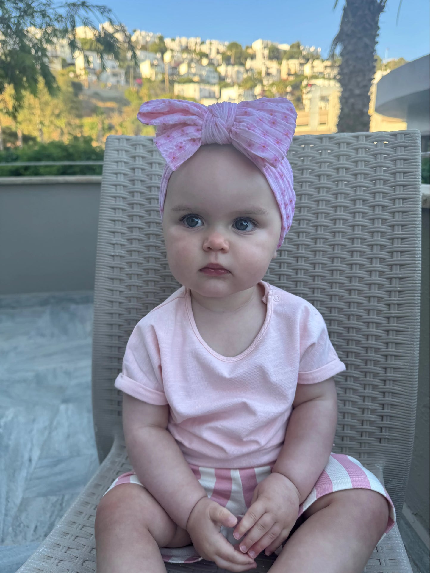 Pink Boho Daisy Pattern Larger Bow Cable Knit Headband