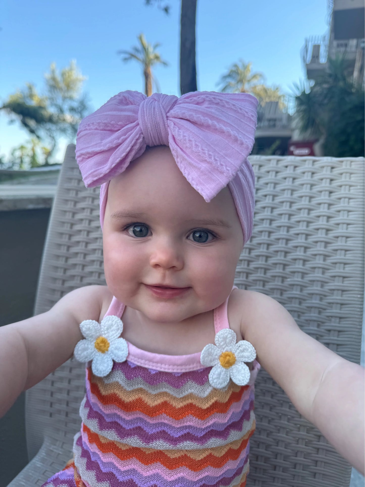 Carnation Pink Larger Bow Cable Knit Headband