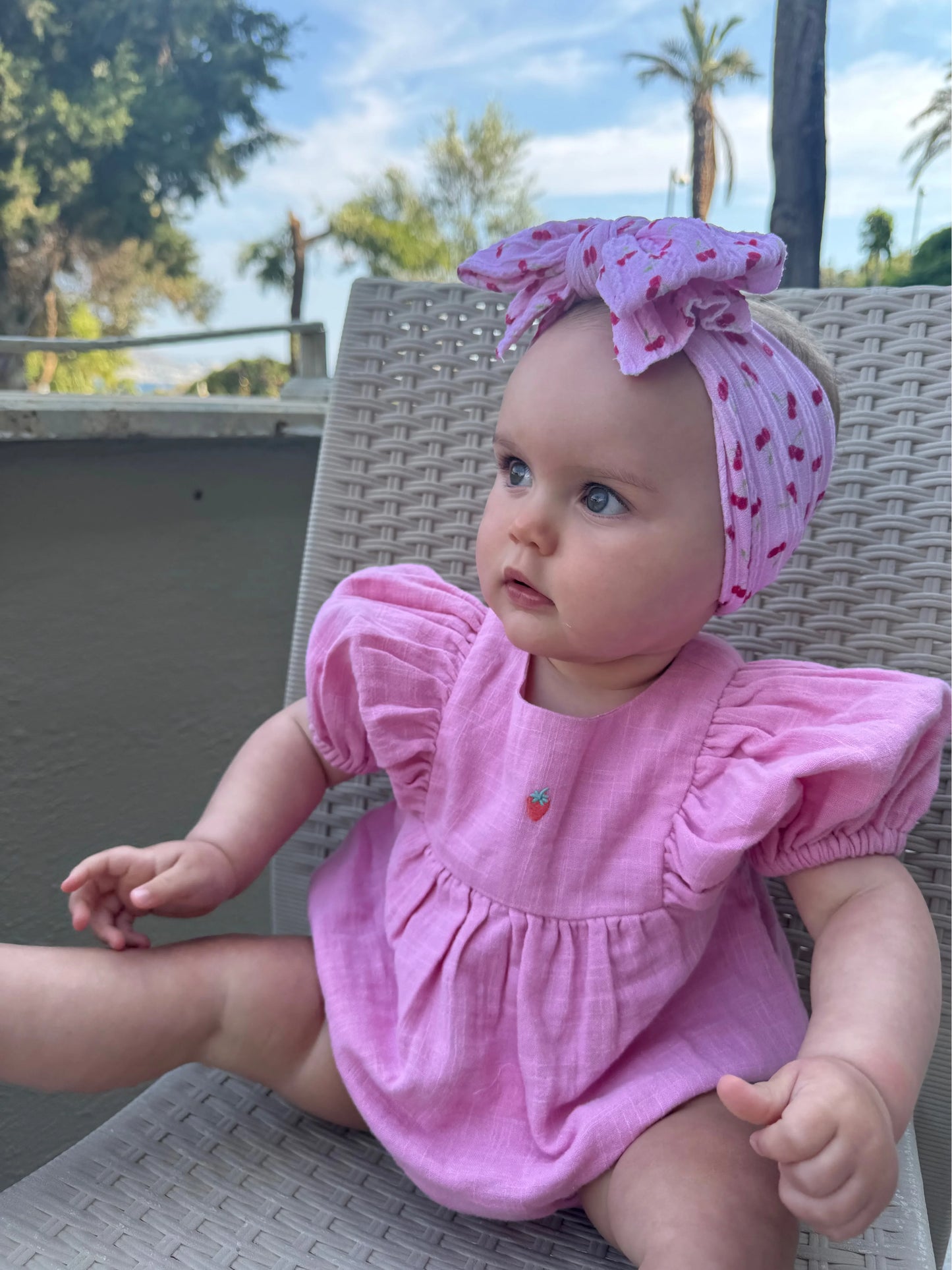 Pink Cherry Pattern Larger Bow Cable Knit Headband