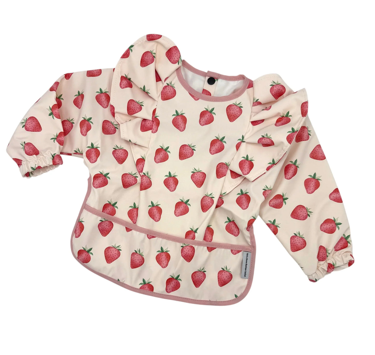 Pale Pink Strawberry Pattern Frill Detailed Waterproof Bib with Sleeves