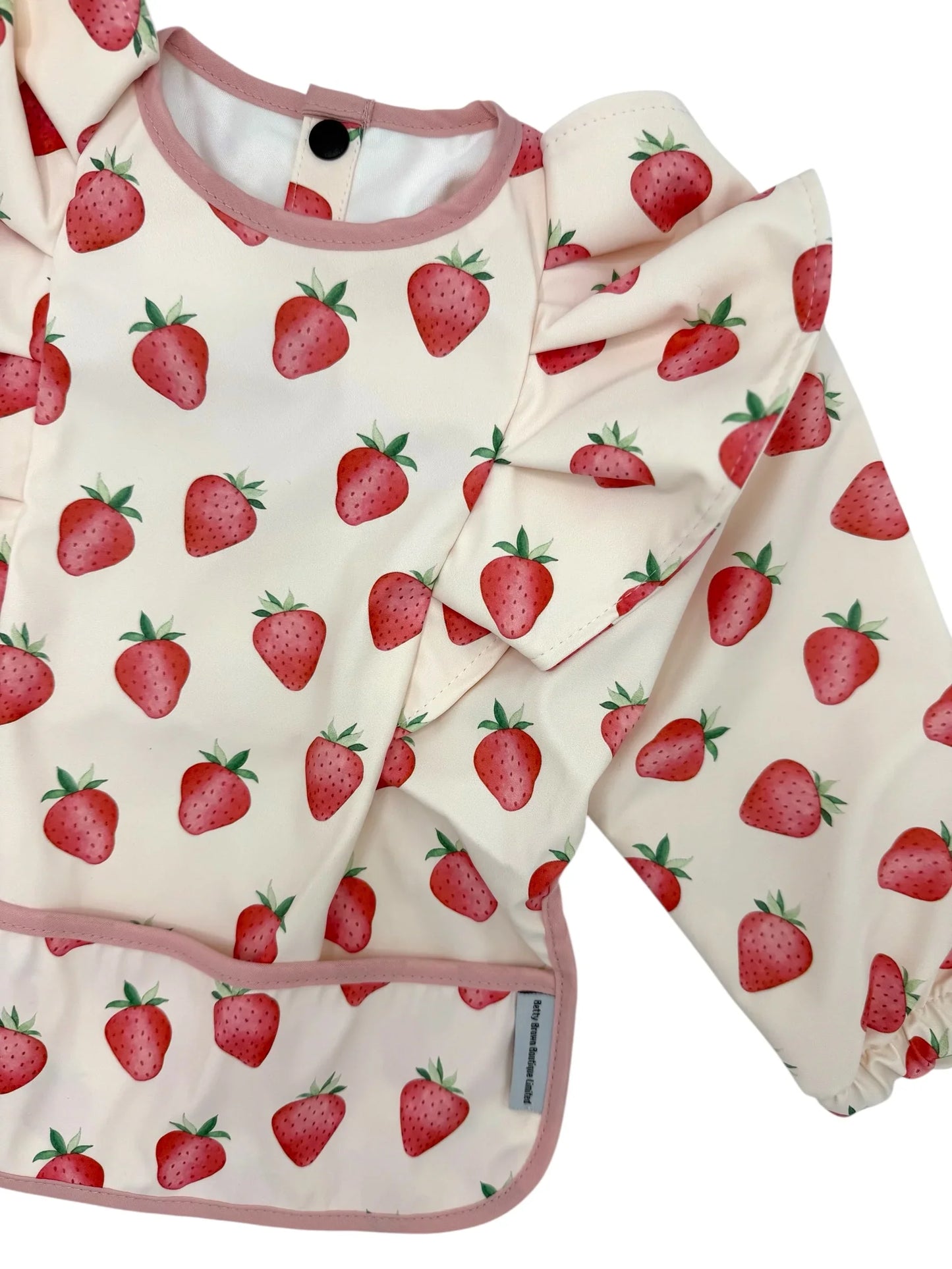 Pale Pink Strawberry Pattern Frill Detailed Waterproof Bib with Sleeves