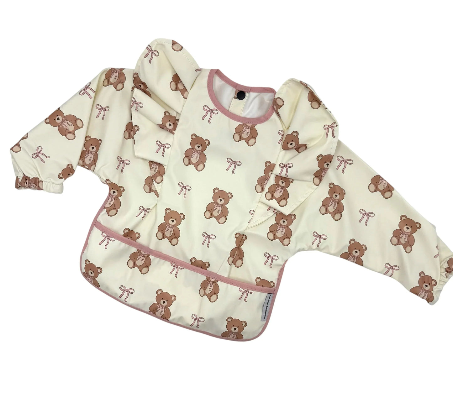 Teddy Bear Bow Pattern Frill Detailed Waterproof Bib with Sleeves