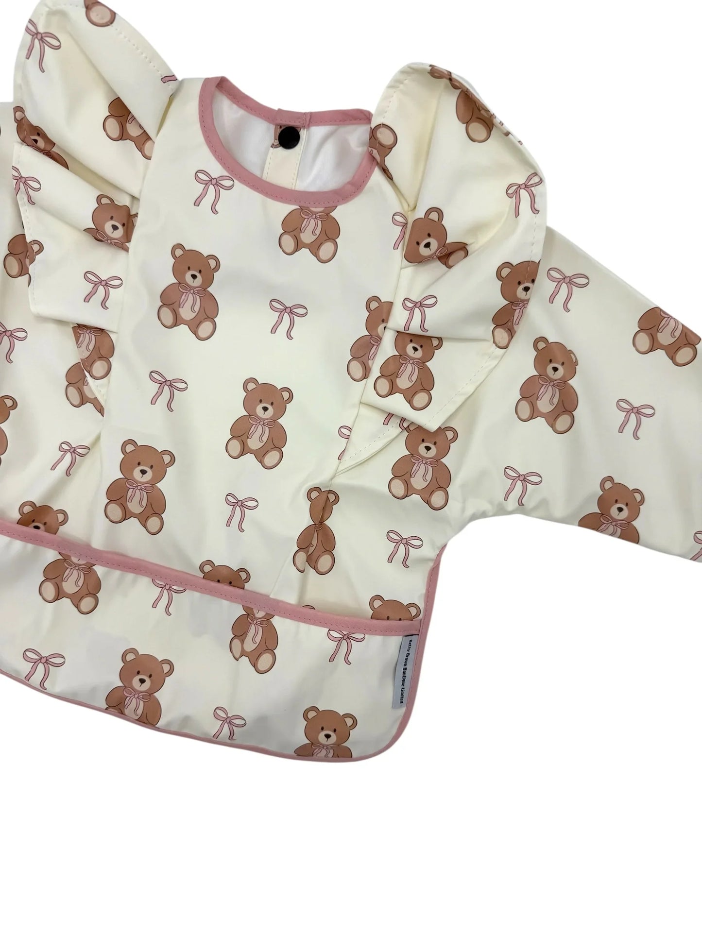 Teddy Bear Bow Pattern Frill Detailed Waterproof Bib with Sleeves
