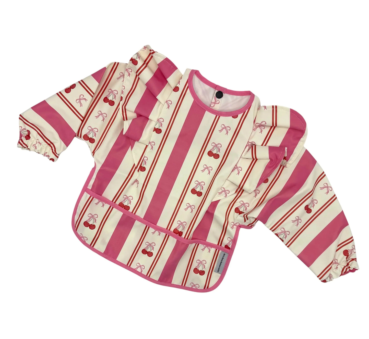 Pink Pinstripe Cherry Pattern Frill Detailed Waterproof Bib with Sleeves