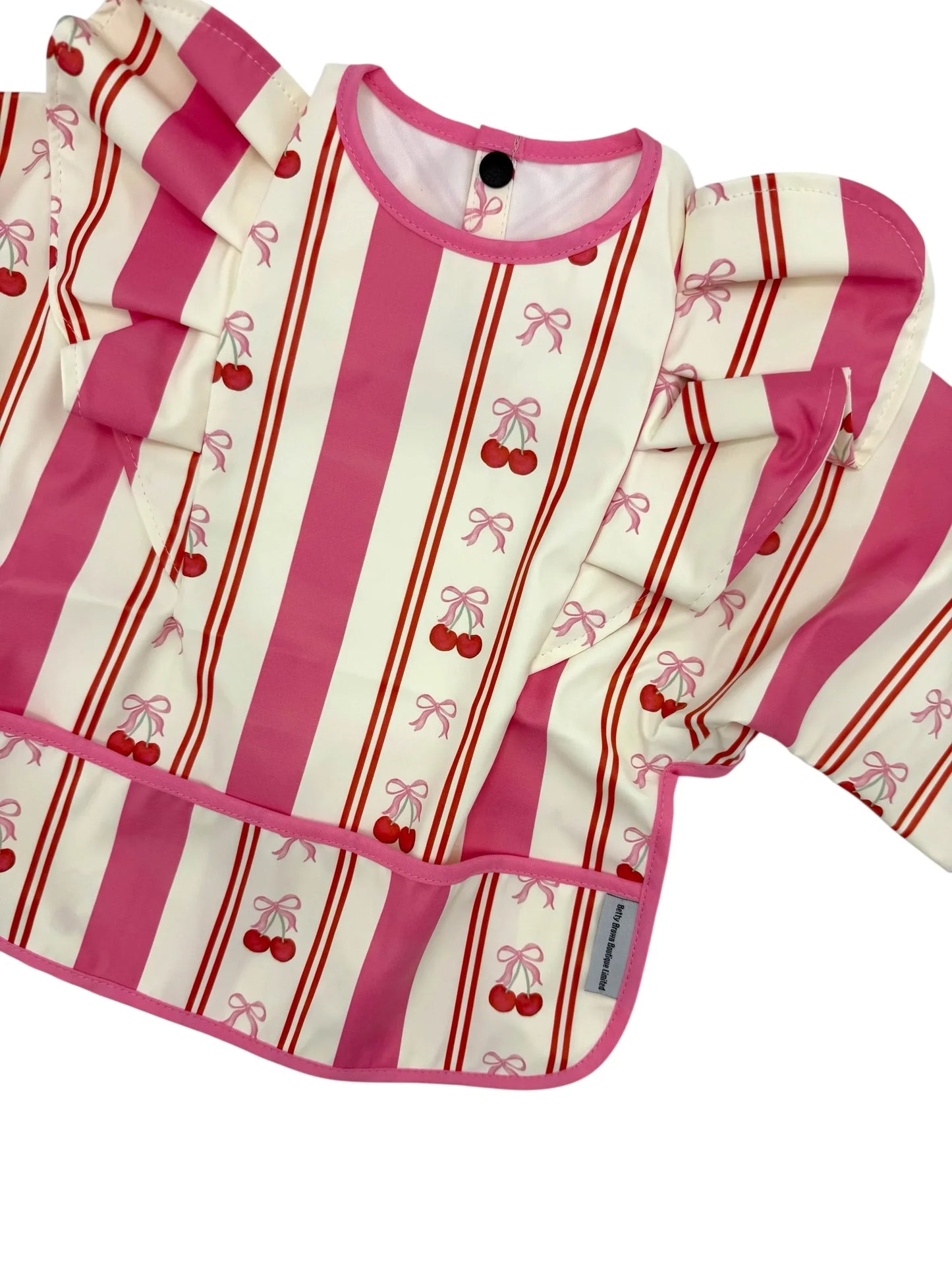 Pink Pinstripe Cherry Pattern Frill Detailed Waterproof Bib with Sleeves