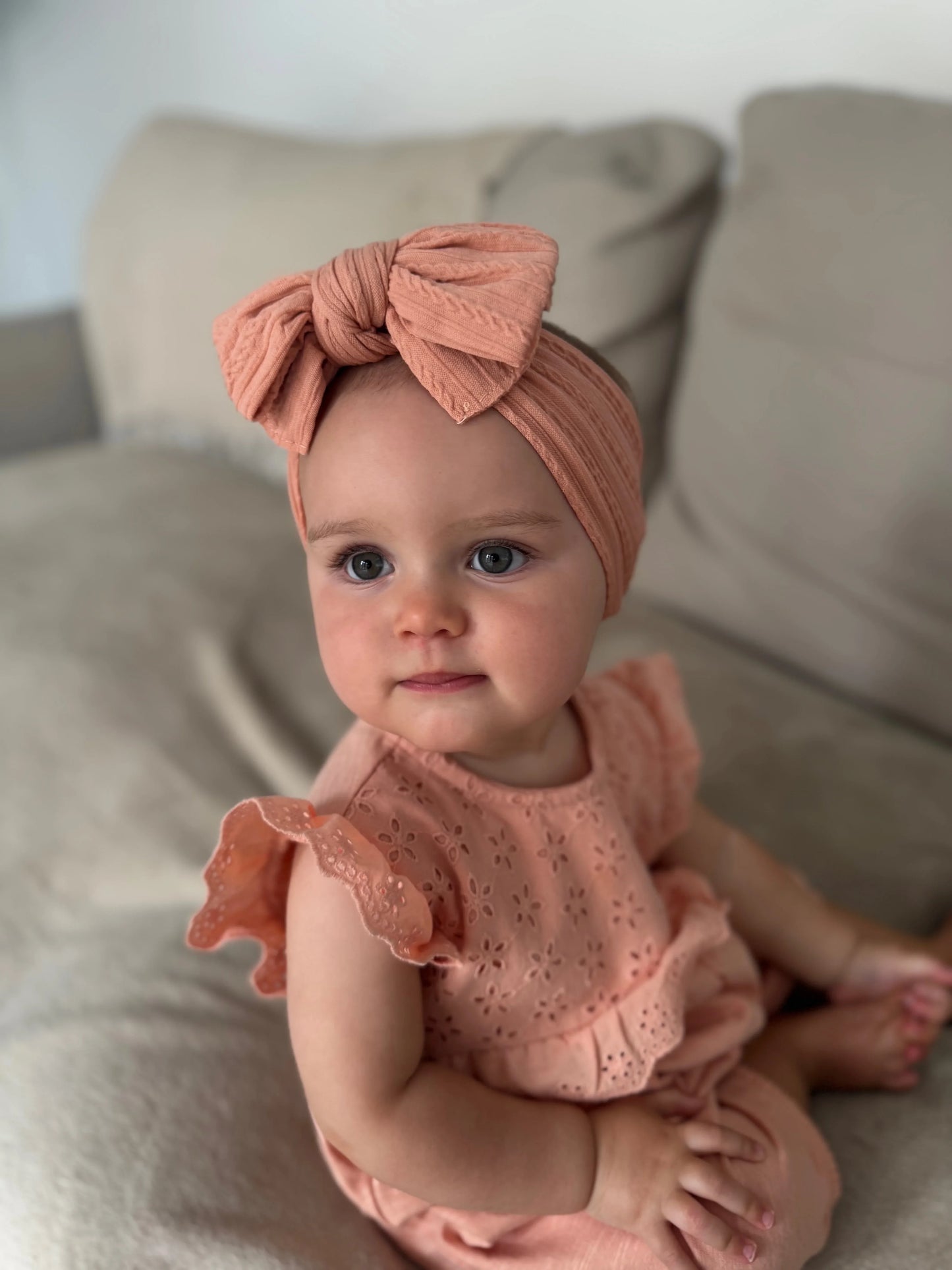 Salmon Pink Larger Bow Cable Knit Headband