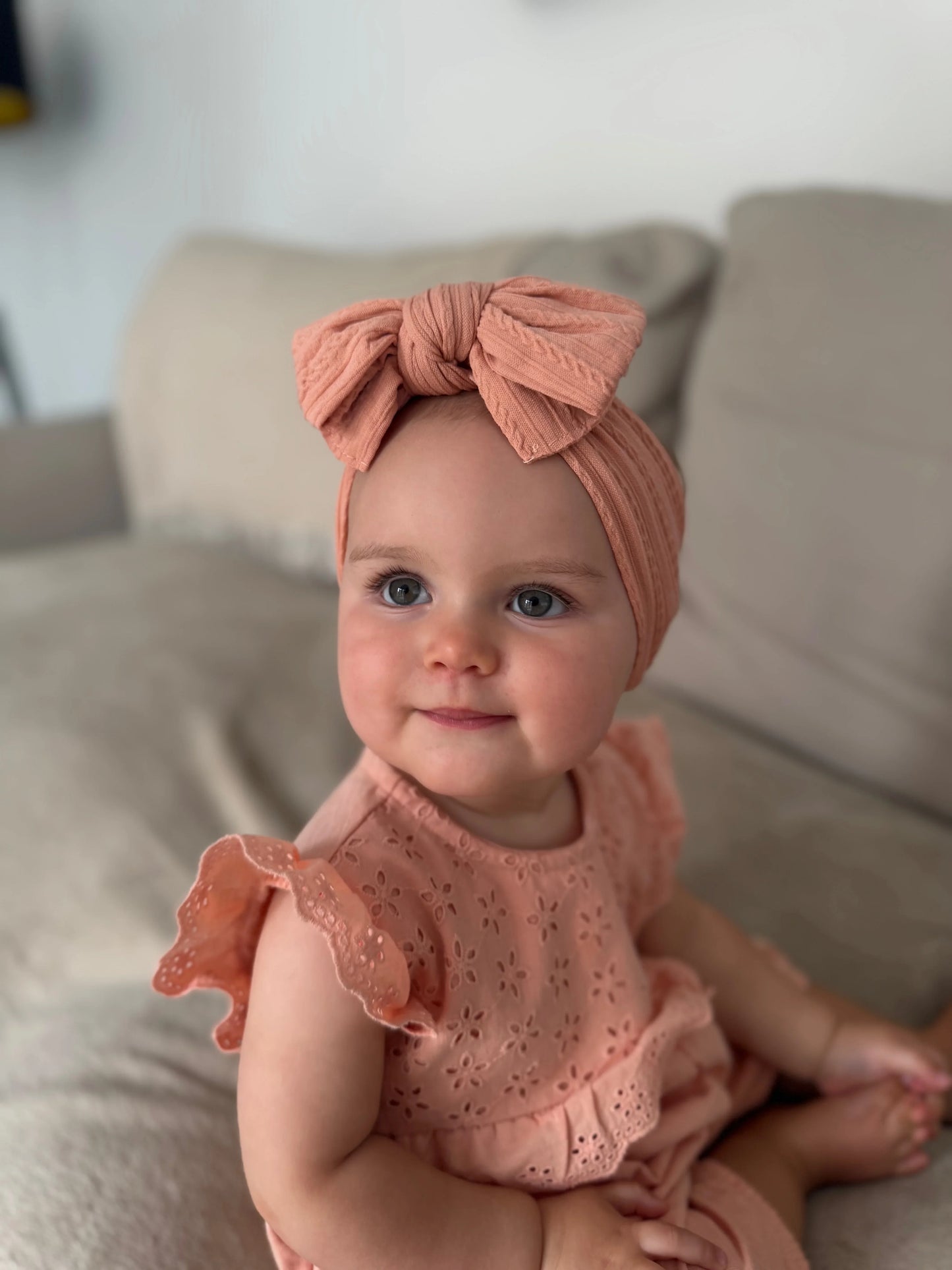 Salmon Pink Larger Bow Cable Knit Headband
