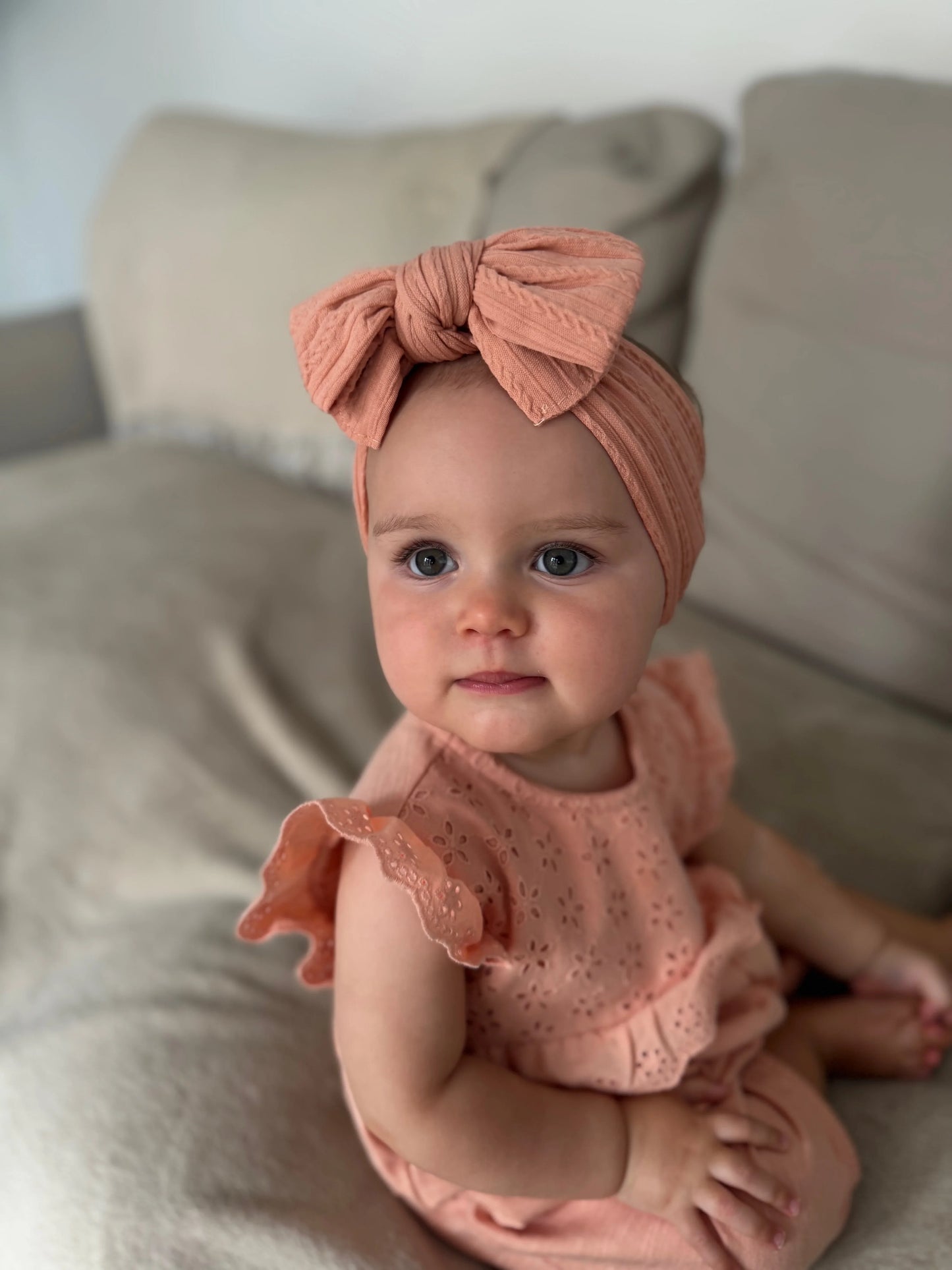 Salmon Pink Larger Bow Cable Knit Headband