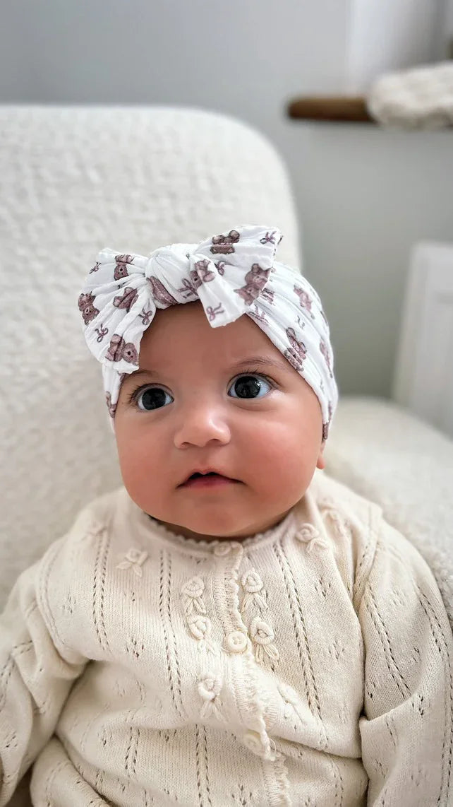 White Teddy Bear Pattern Smaller Bow Cable Knit Headband