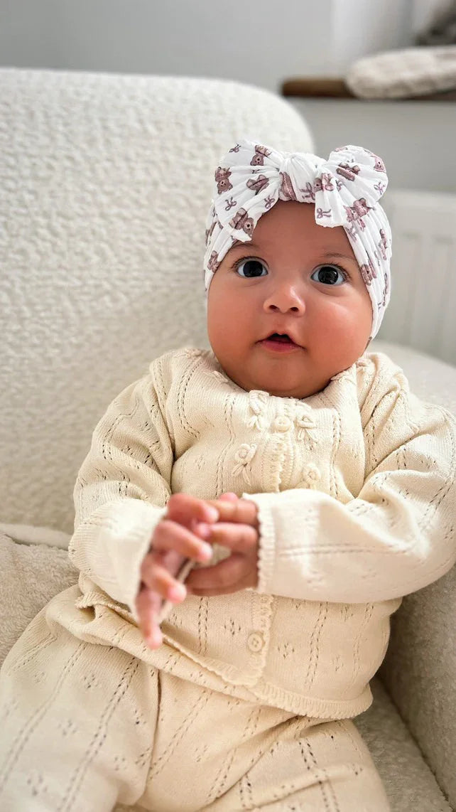 White Teddy Bear Pattern Smaller Bow Cable Knit Headband