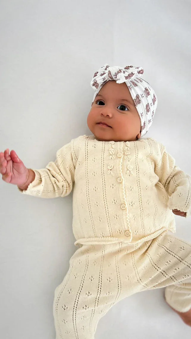 White Teddy Bear Pattern Smaller Bow Cable Knit Headband
