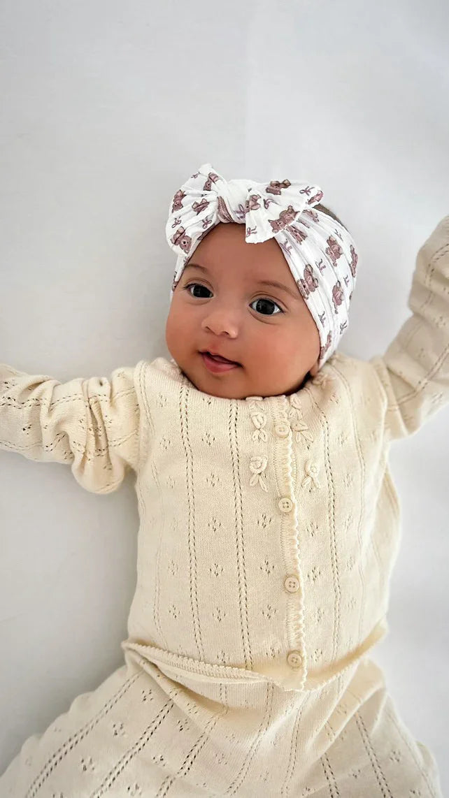White Teddy Bear Pattern Smaller Bow Cable Knit Headband