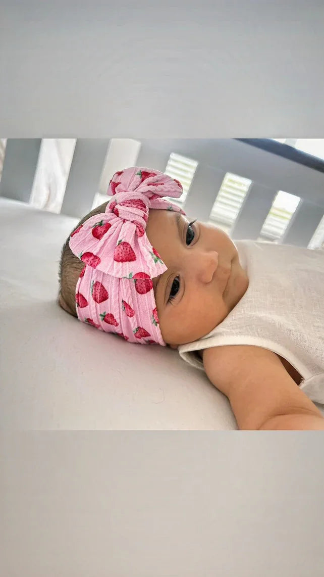 Pale Pink Strawberry Smaller Bow Cable Knit Headband