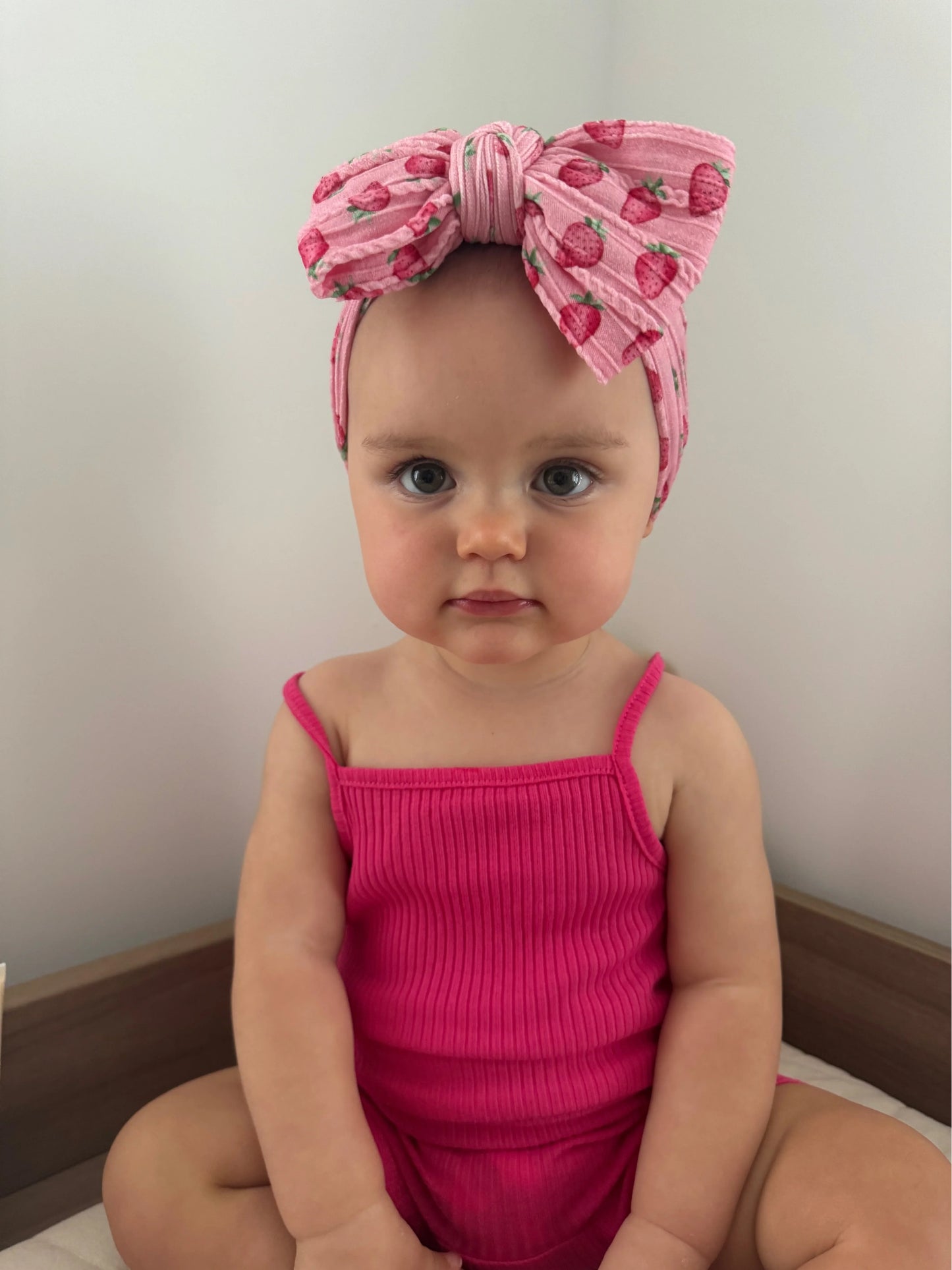 Pink Strawberry Pattern Larger Bow Cable Knit Headband