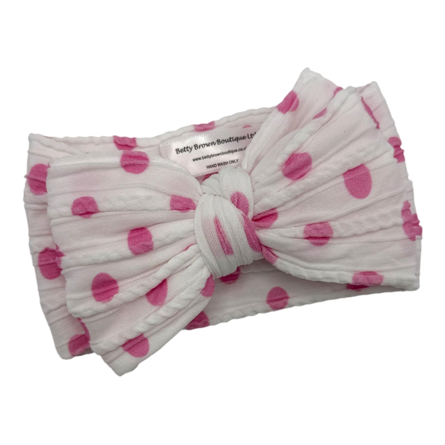 Pink Polkadot Larger Bow Cable Knit Headband