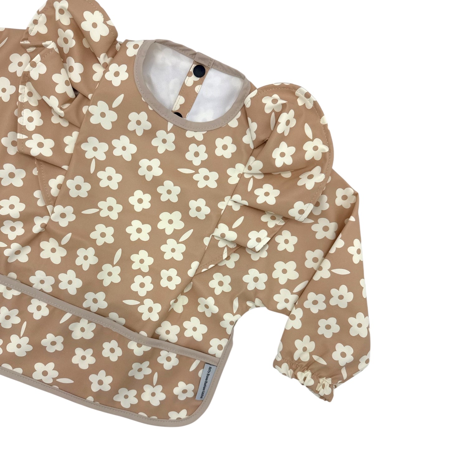 Chocolate Daisy Print Frill Detailed Waterproof Weaning Bib with Sleeves