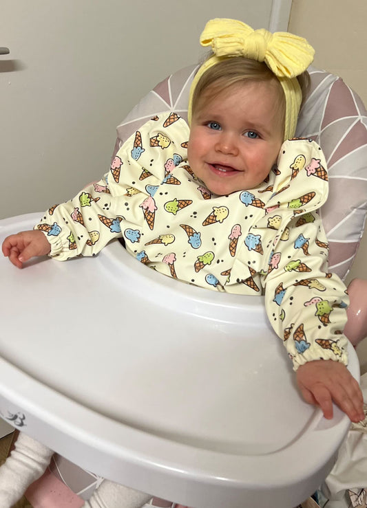 Ice Cream Pattern Frill Detailed Waterproof Bib with Sleeves