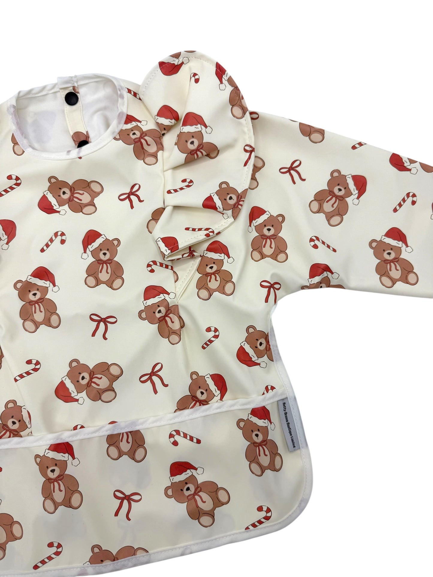 Teddy Bear Christmas Pattern Frill Detailed Waterproof Bib with Sleeves - 2025