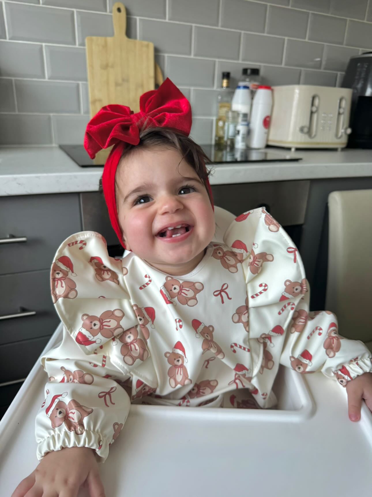 Teddy Bear Christmas Pattern Frill Detailed Waterproof Bib with Sleeves - 2025