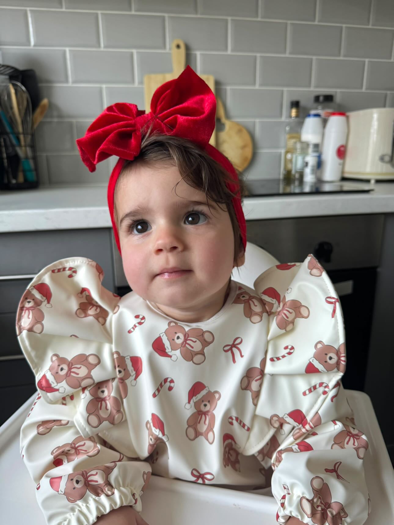 Teddy Bear Christmas Pattern Frill Detailed Waterproof Bib with Sleeves - 2025
