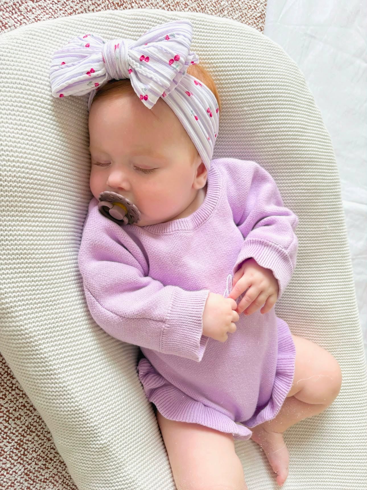 Lilac Pinstripe Cherry Pattern Larger Bow Cable Knit Headband