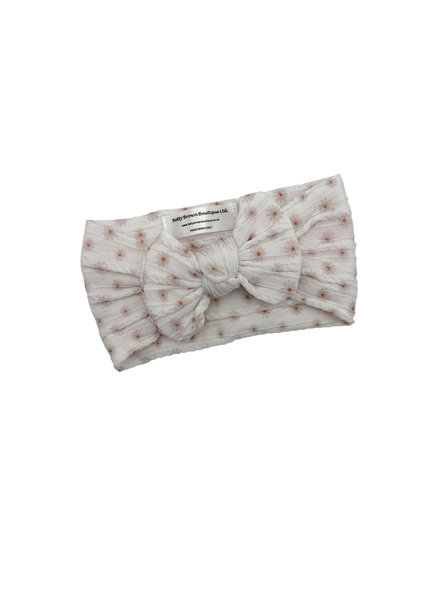 White Daisy Pattern Smaller Bow Cable Knit Headband