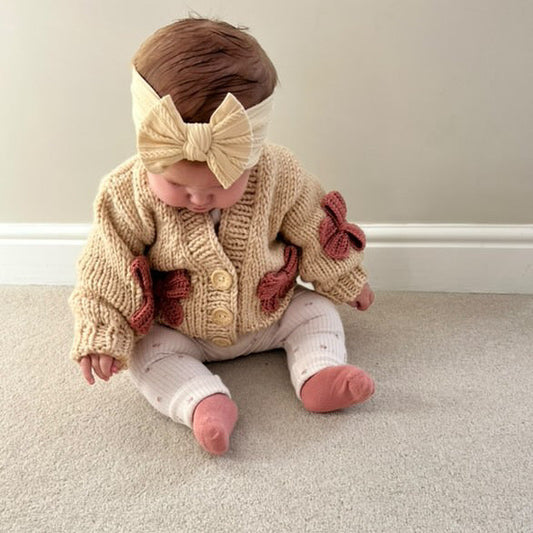 Handknitted Bow Patterned Cardigan - Latte/Pink