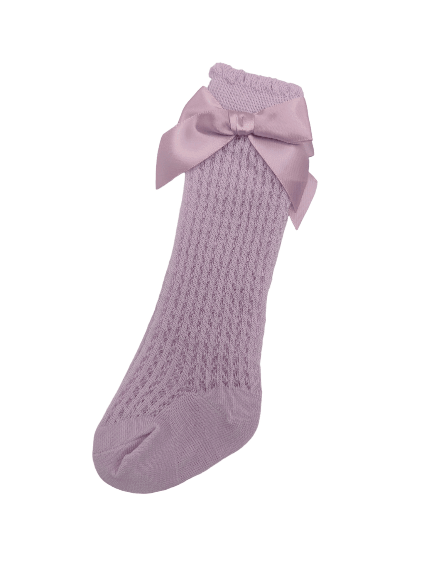 Bright Lilac Open Pattern Knee High Socks With Satin 3 Inch Bow - Betty Brown Boutique Ltd