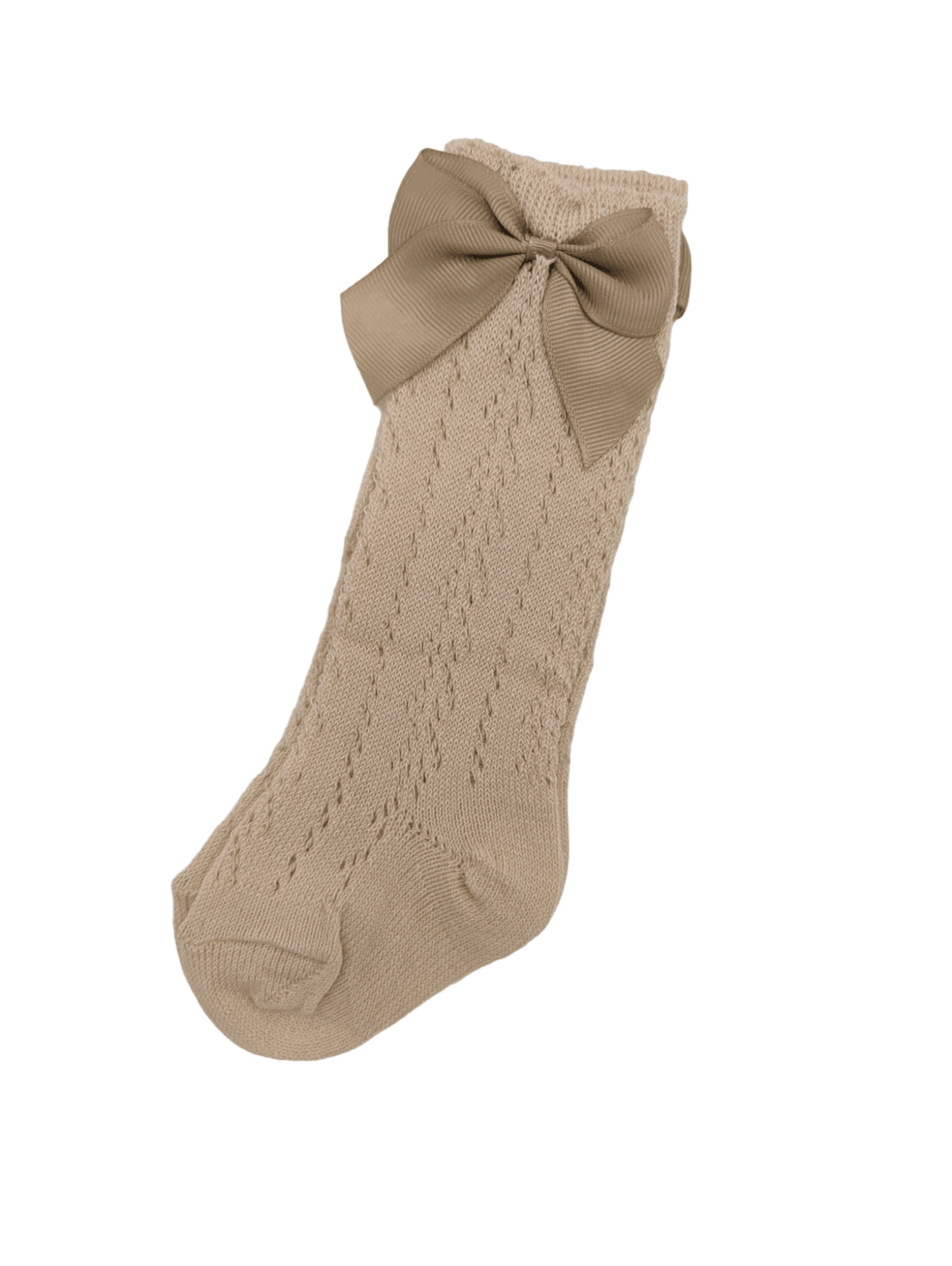 Latte Open Patterned Knee High Socks With 3 Inch Bow - Betty Brown Boutique Ltd