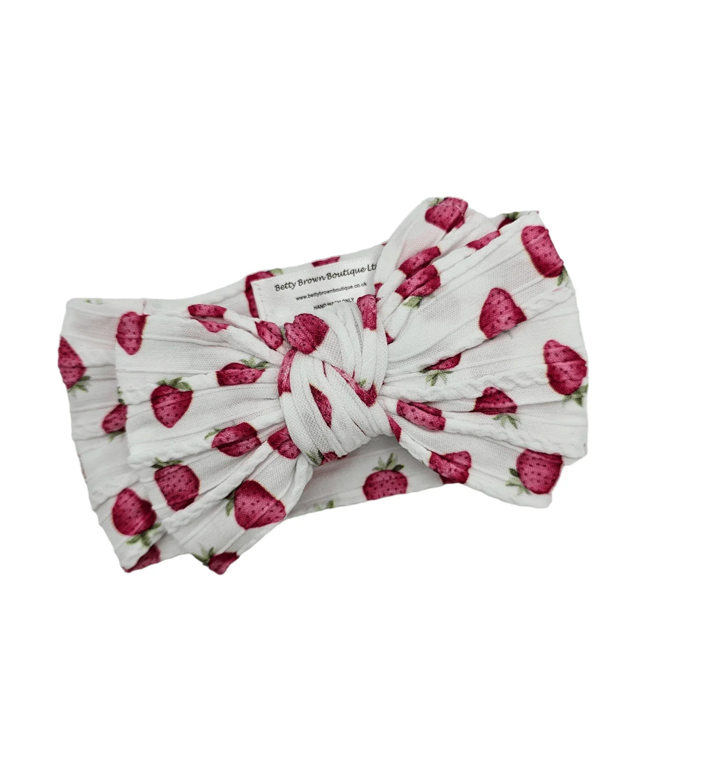 White Strawberry Print Larger Bow Cable Knit Headwrap - Betty Brown Boutique Ltd
