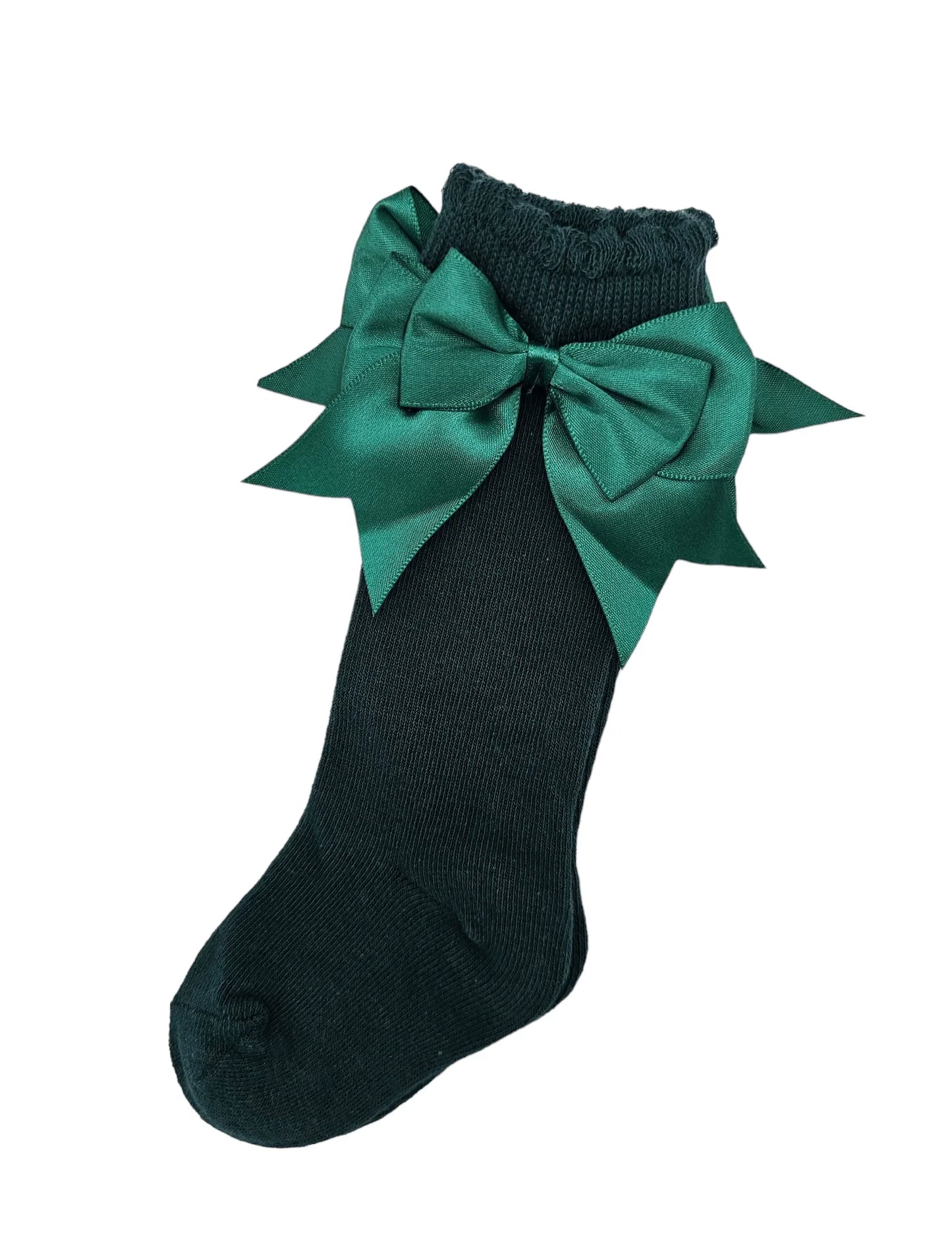 Bottle Green Knee High Socks With Larger Satin Bow - Betty Brown Boutique Ltd
