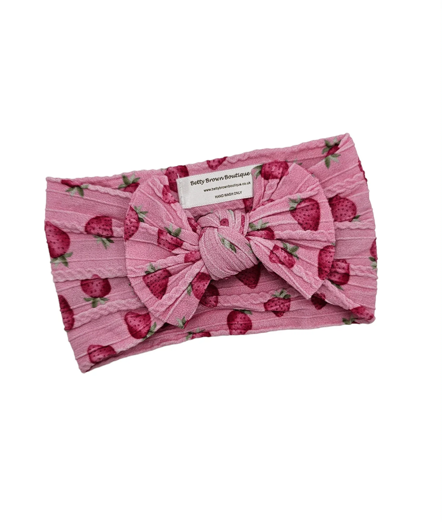 Pink Strawberry Print Smaller Bow Cable Knit Headwrap - Betty Brown Boutique Ltd