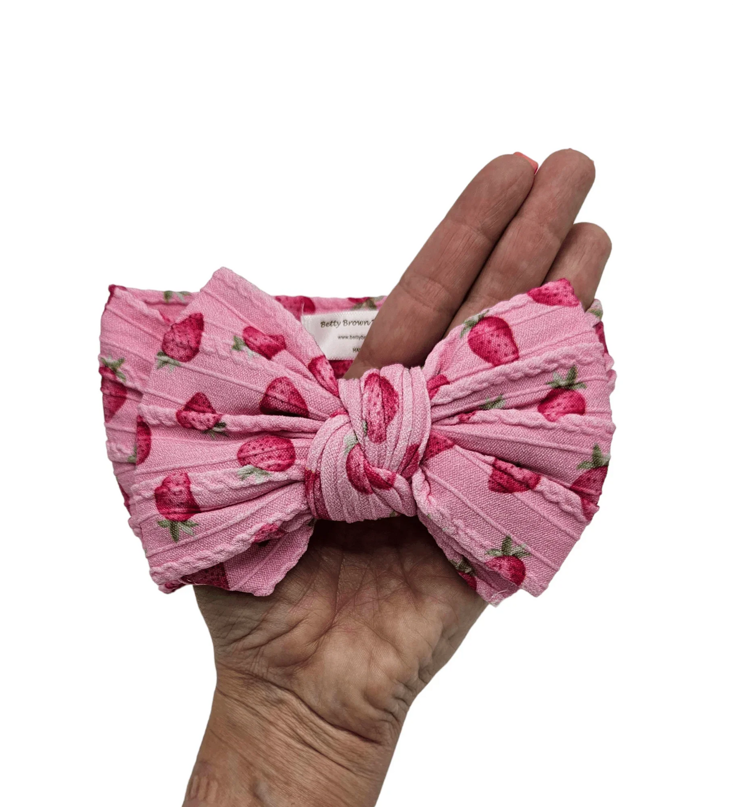 Pink Strawberry Print Larger Bow Cable Knit Headwrap - Betty Brown Boutique Ltd
