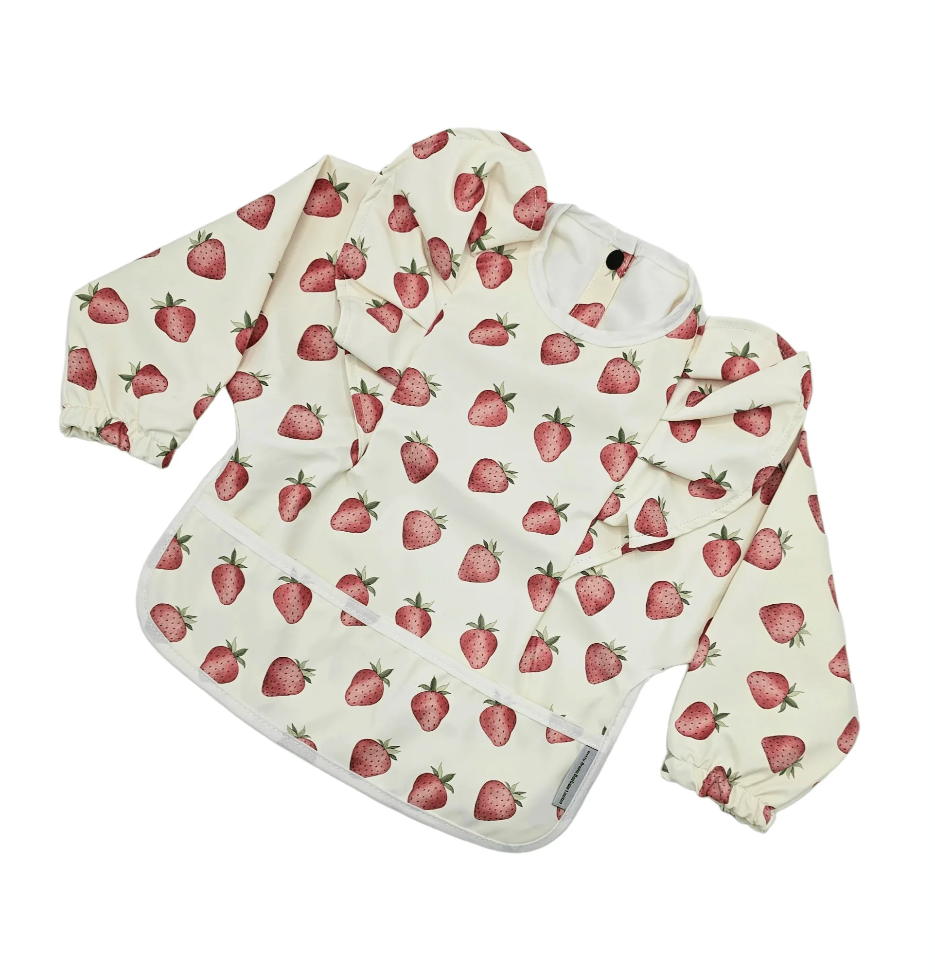 Cream Strawberry Print Frill Detailed Waterproof Bib with Sleeves - Betty Brown Boutique Ltd