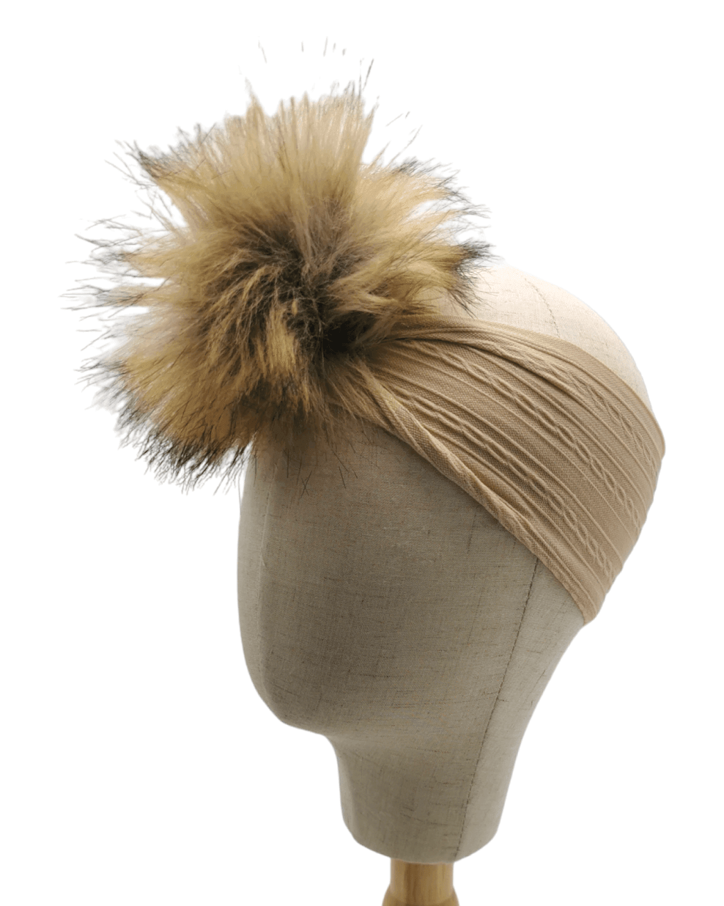 Sand Faux Fur Pom Cable Knit Headwrap - Betty Brown Boutique Ltd