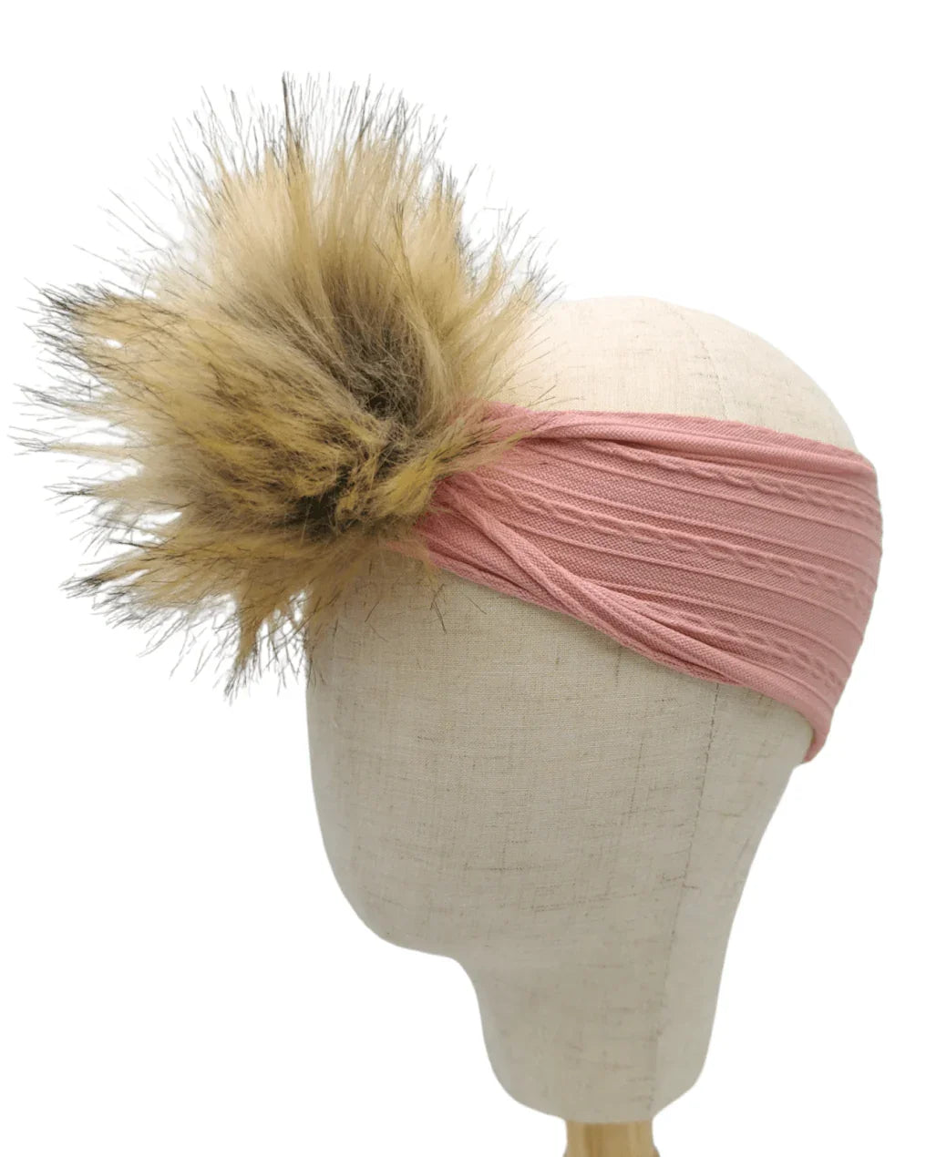 Lighter Dusty Pink Faux Fur Pom Cable Knit Headwrap - Betty Brown Boutique Ltd
